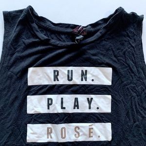 “Run. Play. Rose” Black White and Rose Gold Soft Sleeveless Shirt Women’s SZ M